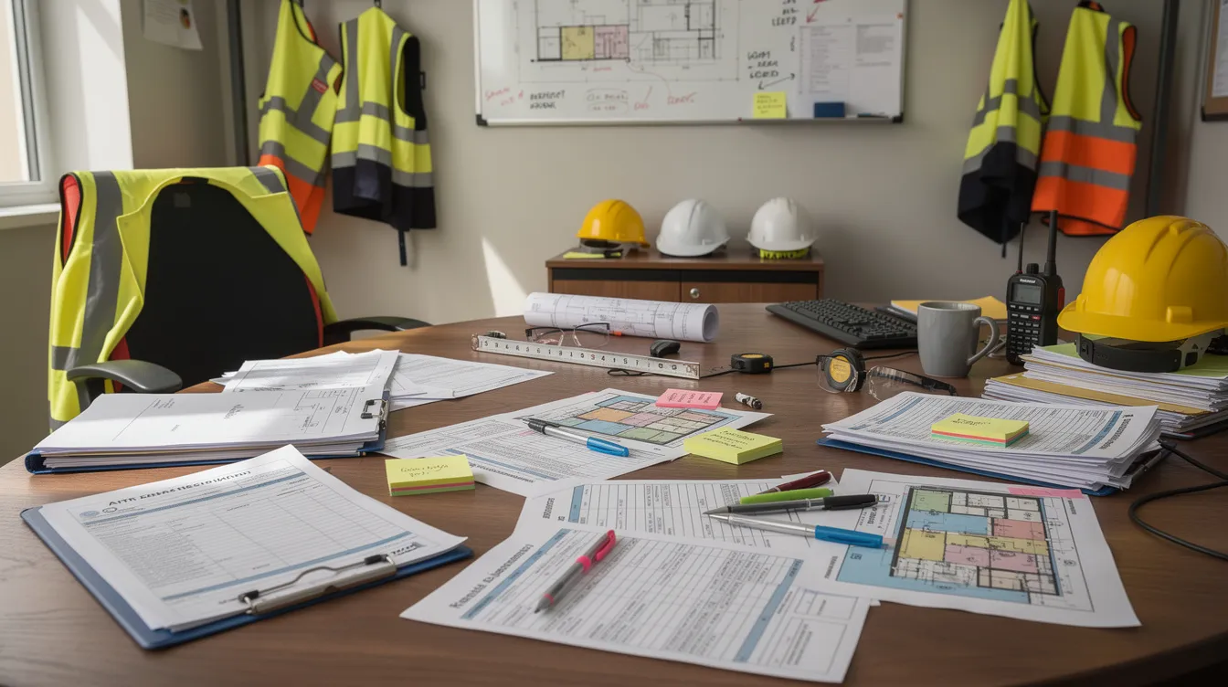 The image shows a cluttered site office desk filled with various construction safety documents, including risk assessments and compliance reports. Hard hats and safety vests are prominently displayed, emphasizing the importance of workplace safety during the construction phase.