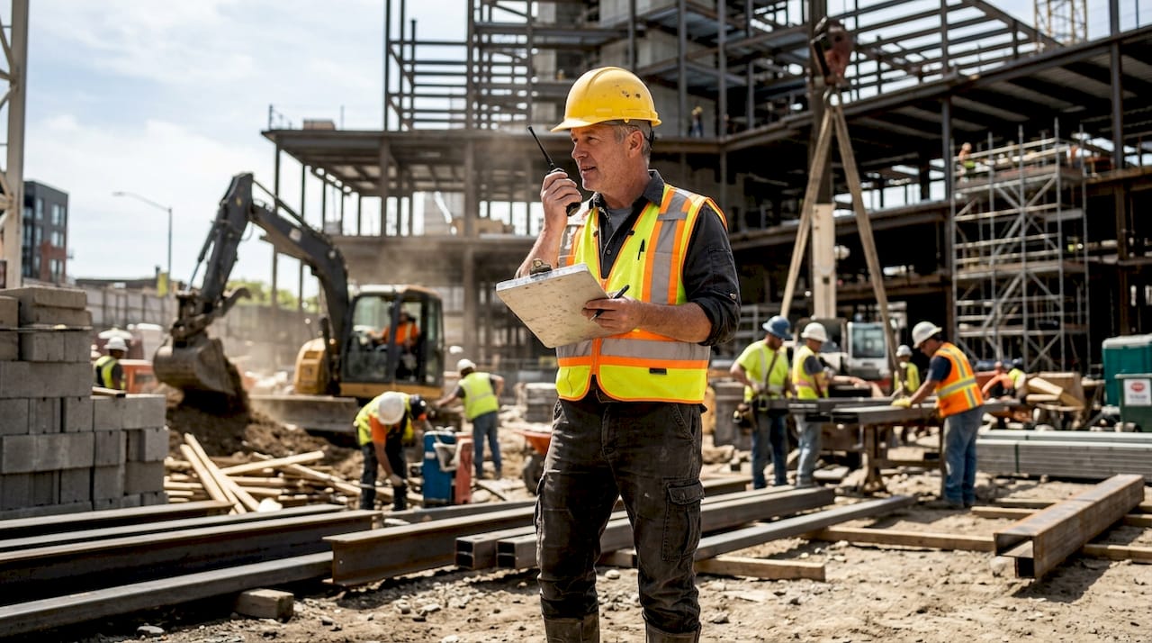 Construction safety manager communicating on site