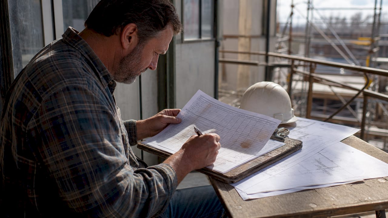 Man reviewing construction QA checklist at site office
