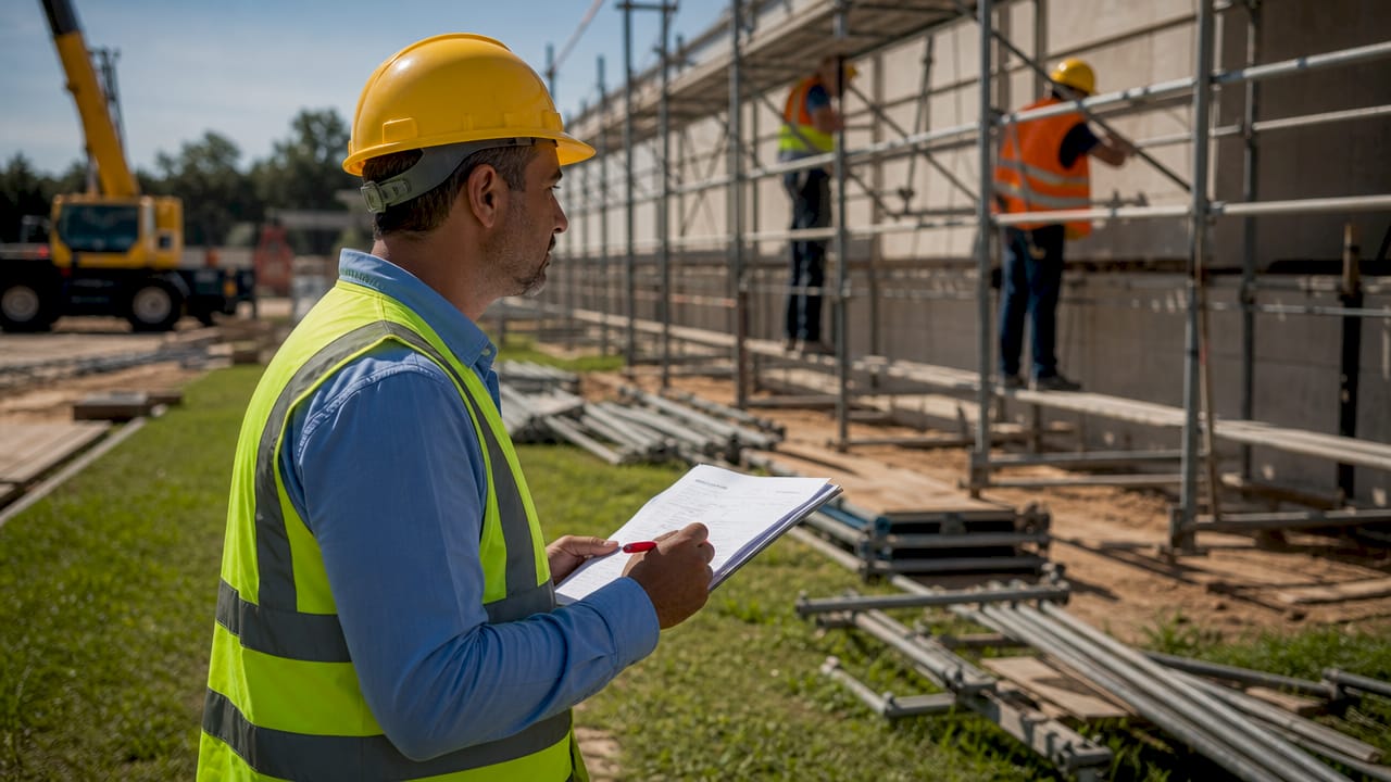 Safety manager inspecting subcontractor checklist outdoors