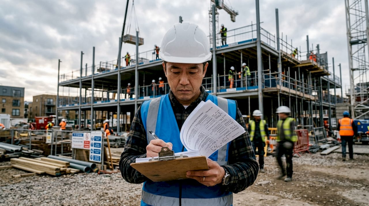 Construction manager reviewing safety plan on site