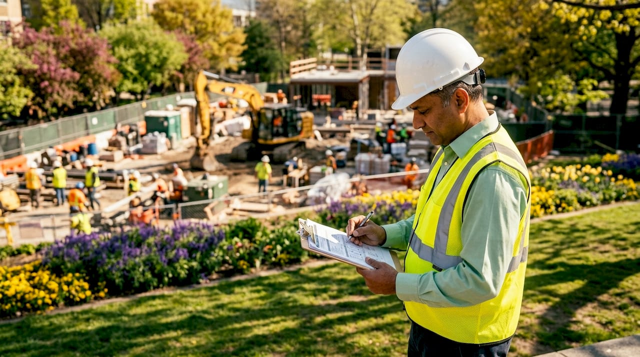 Safety manager reviewing construction risk documents