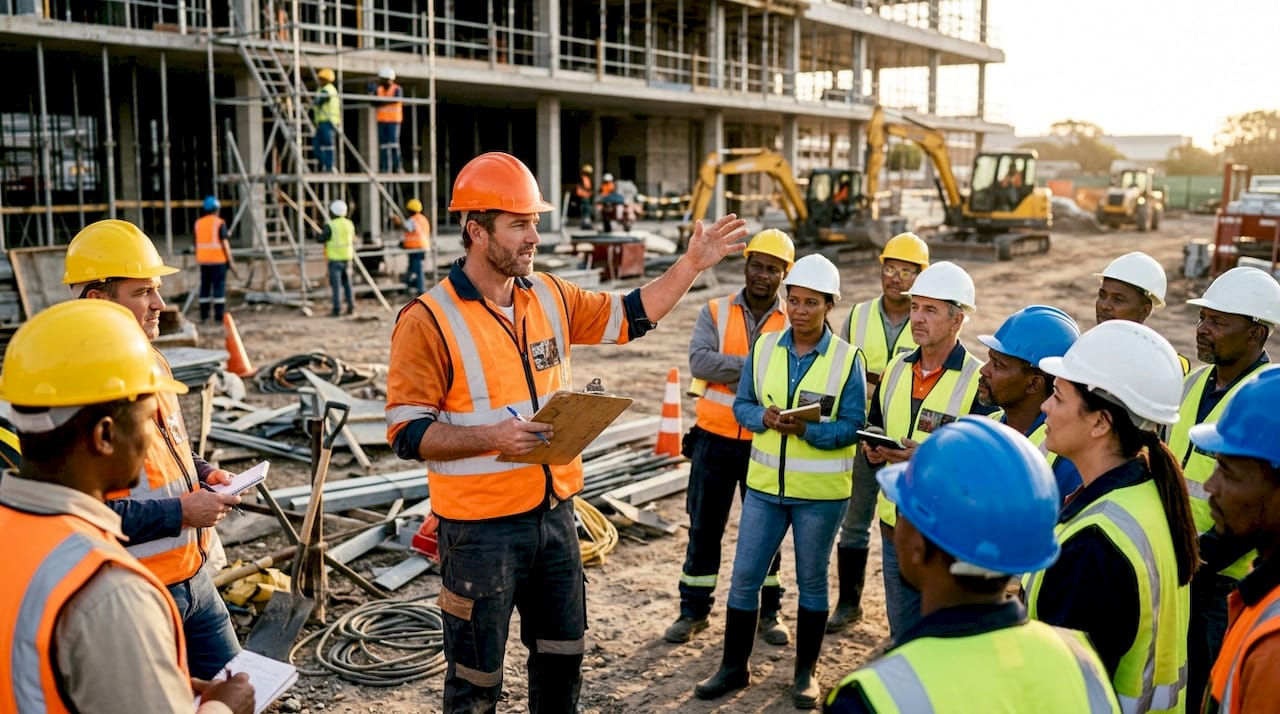 Safety trainer conducting construction site induction