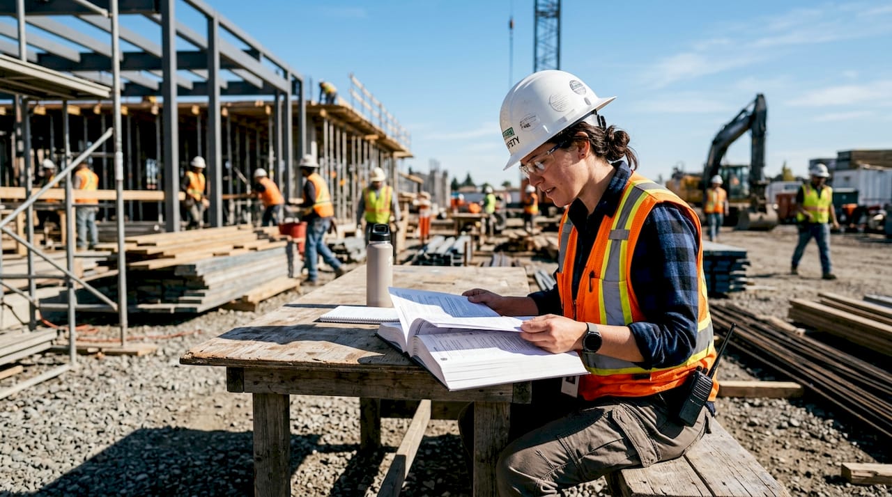 Safety manager reviewing manual at site office