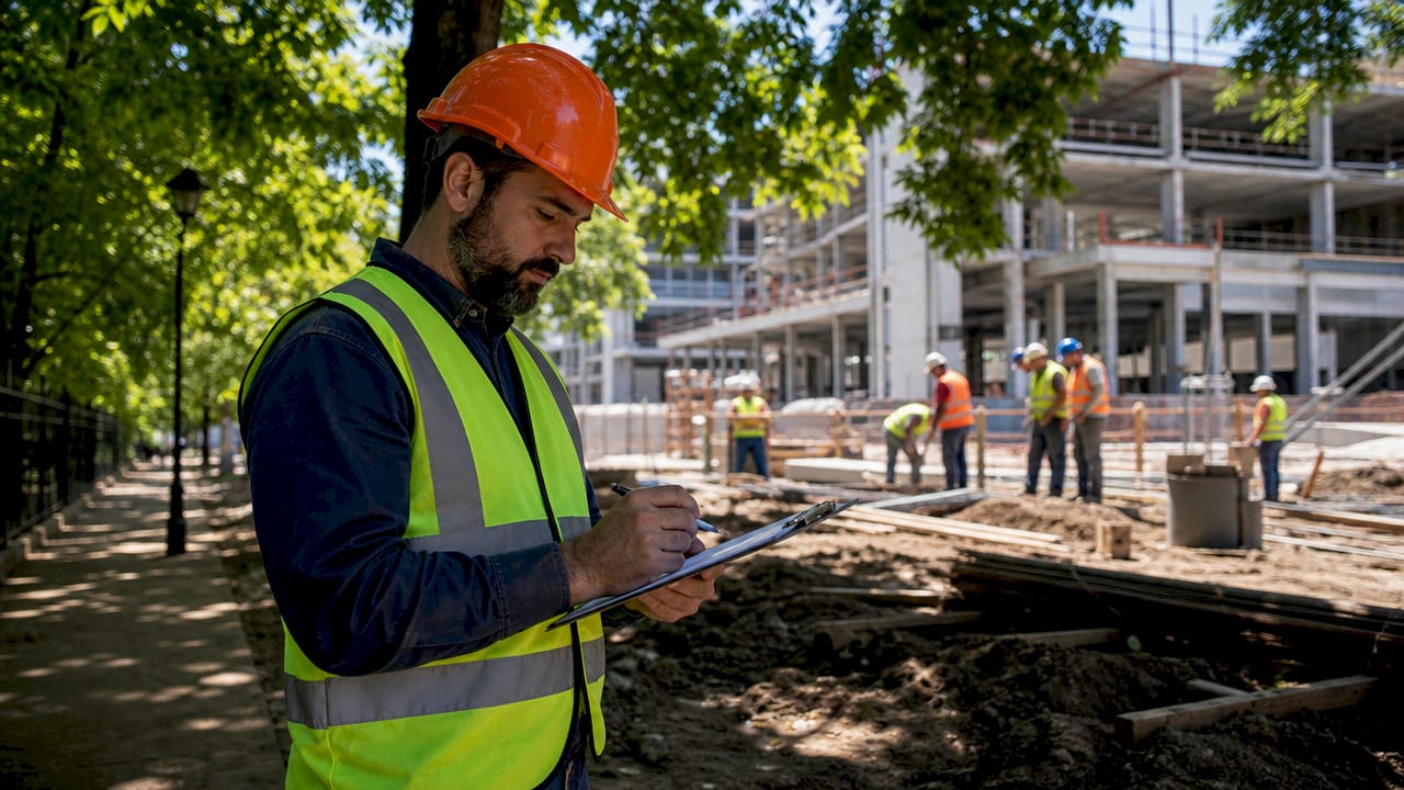 Construction safety inspector evaluating site