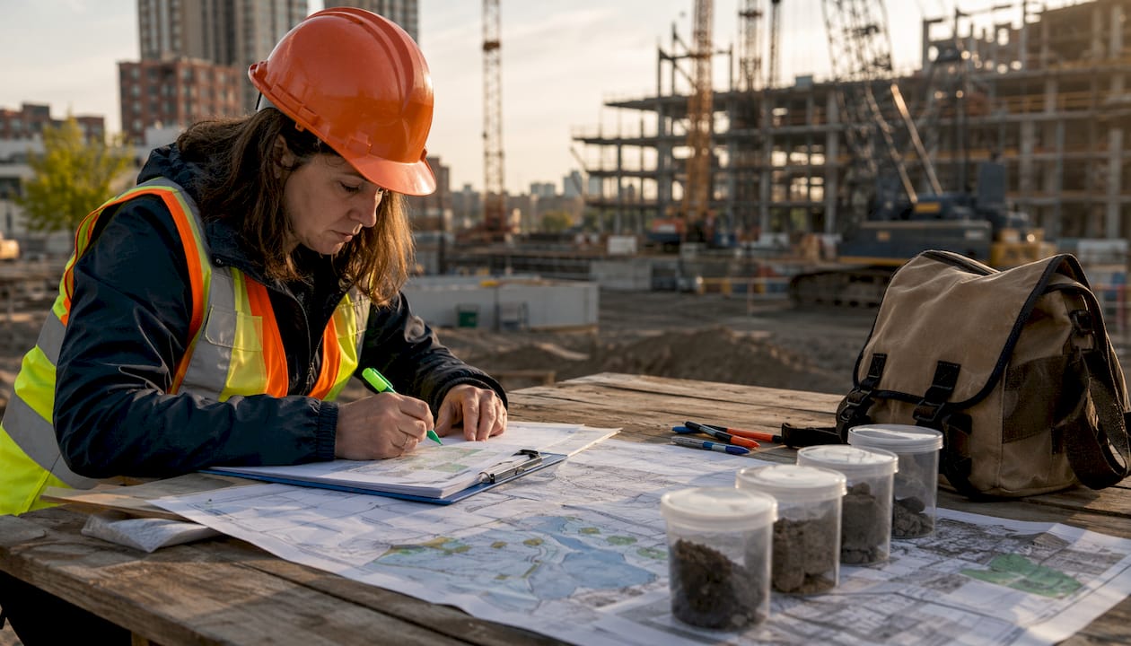 Engineer reviewing environmental risk at construction site