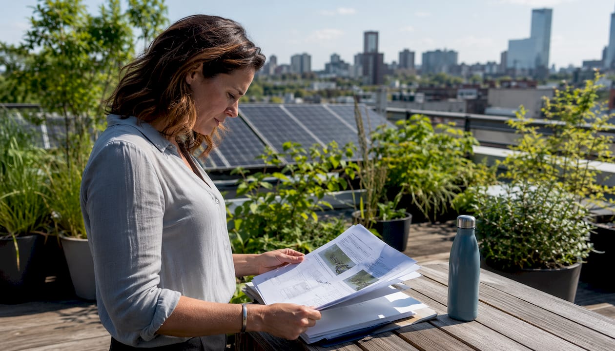Planner reviewing sustainable construction regulations