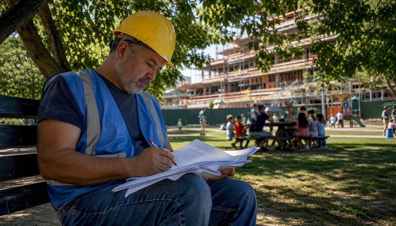 Construction manager reviewing safety inspection documents