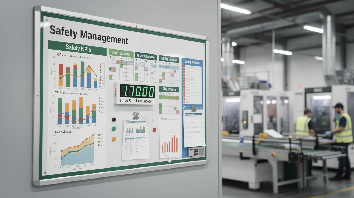 The image depicts a safety management board mounted near manufacturing work cells, featuring key performance indicators (KPIs) and incident tracking charts that reflect the company's commitment to workplace safety and health. This board serves as a vital tool in the risk management implementation plan, showcasing the organization's efforts to achieve bizsafe star certification and enhance safety initiatives within the facility.