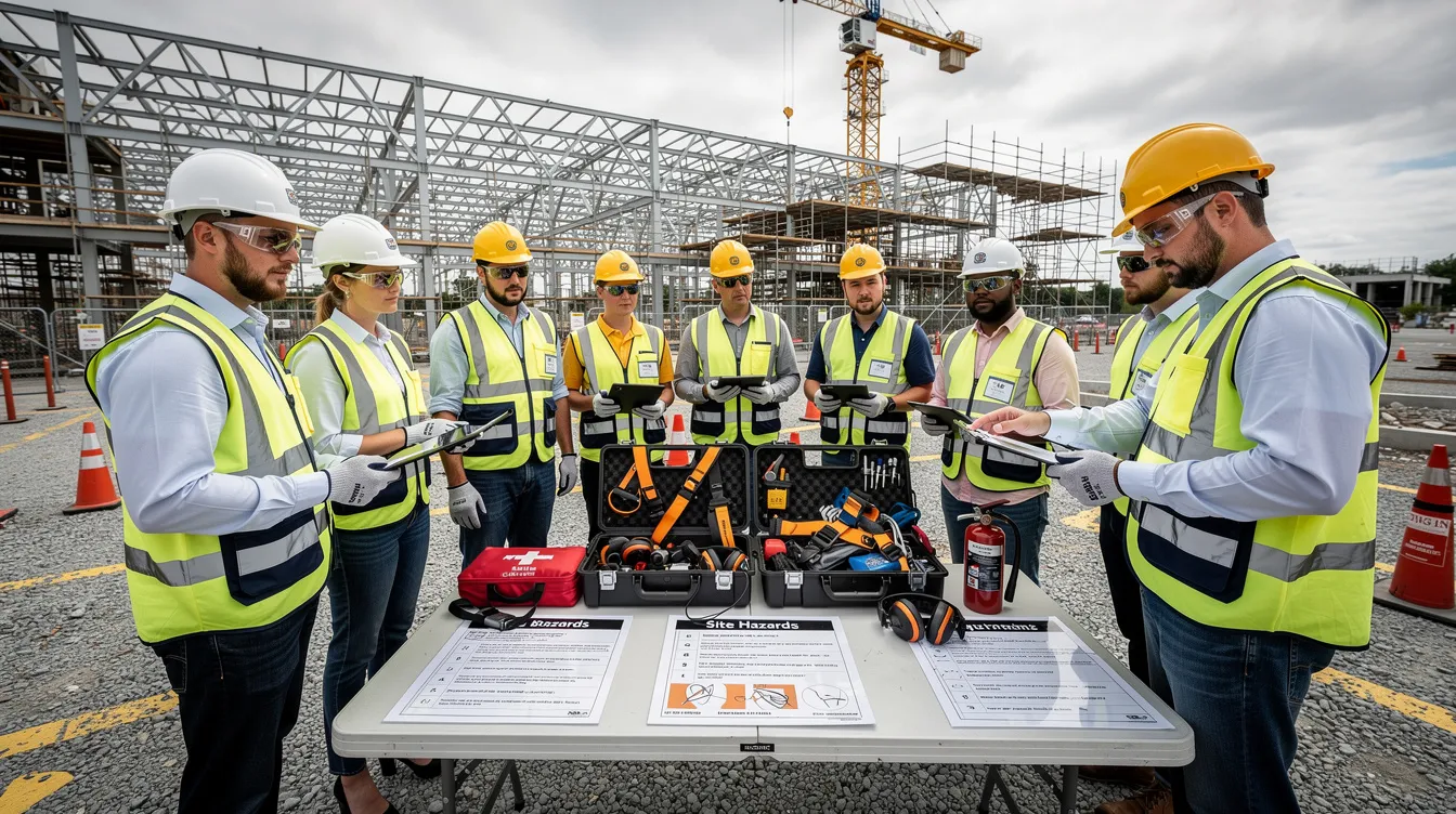 A group of workers and supervisors is gathered at a construction site, actively reviewing safety equipment and hazard documentation during a planned work pause to address safety gaps and ensure compliance with workplace safety requirements. This safety timeout emphasizes the importance of workplace safety and health, reinforcing the need for continued vigilance in managing workplace risks.