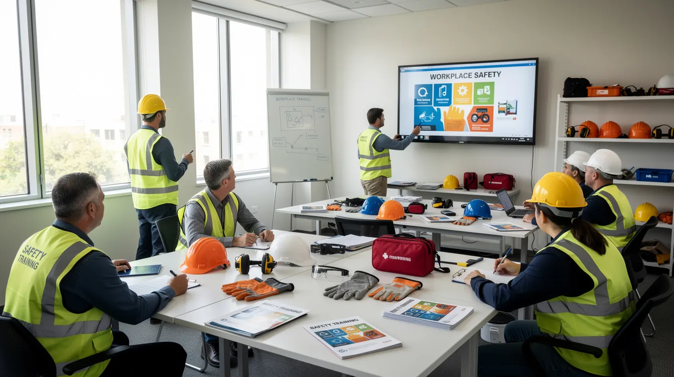 The image depicts a professional safety training classroom where participants, dressed in high-visibility vests, are gathered around tables equipped with various safety tools and materials. This setting emphasizes the importance of workplace safety and the education of safety officers in adhering to safety management and regulations.