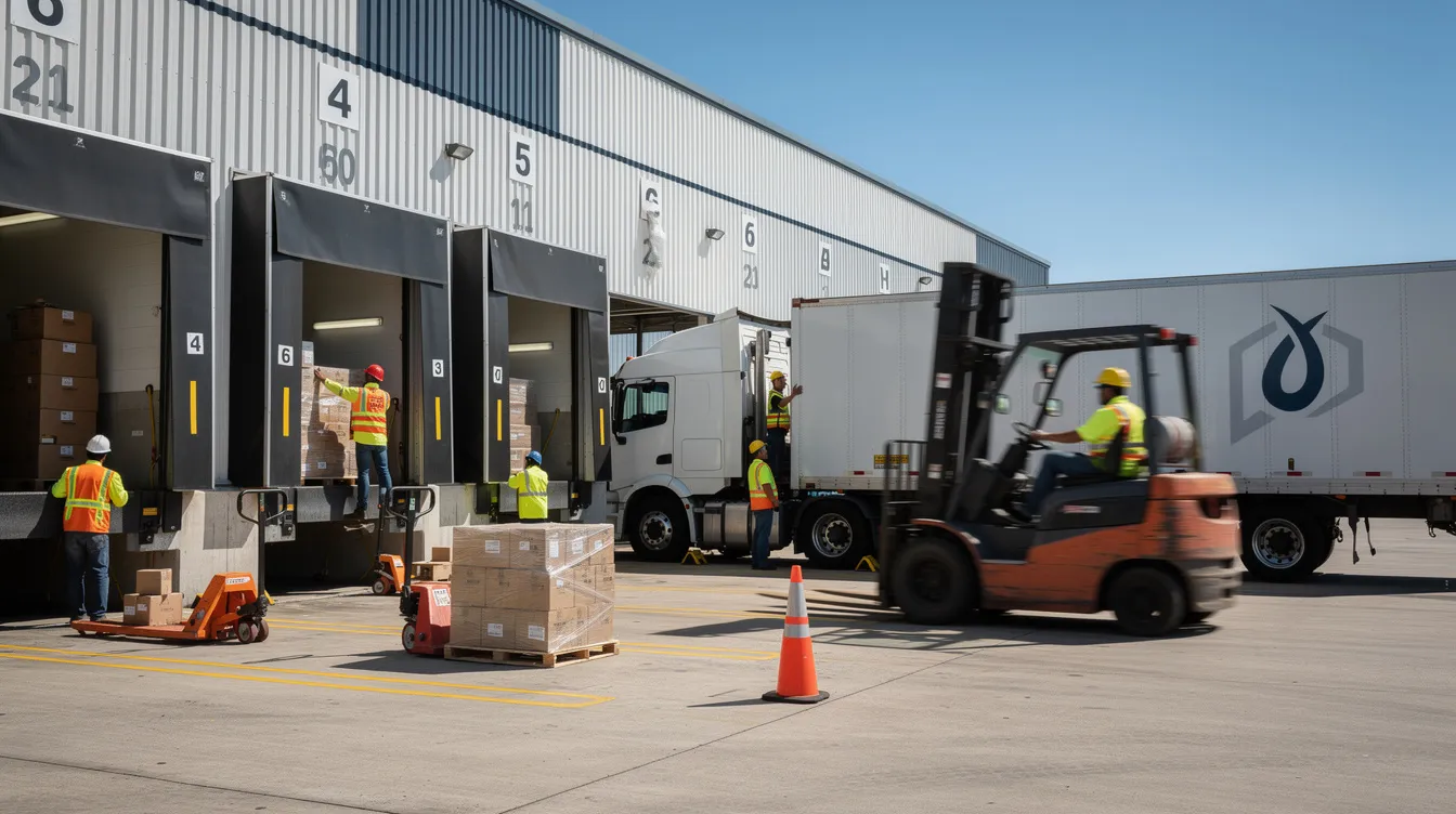 The image shows workers in high-visibility vests actively engaged near a loading dock, where trucks are backed up to warehouse bays, emphasizing the importance of workplace safety and health in logistics operations. This scene highlights the need for effective risk management and safety measures as part of achieving bizsafe certification to ensure a safe and healthy environment for all employees.
