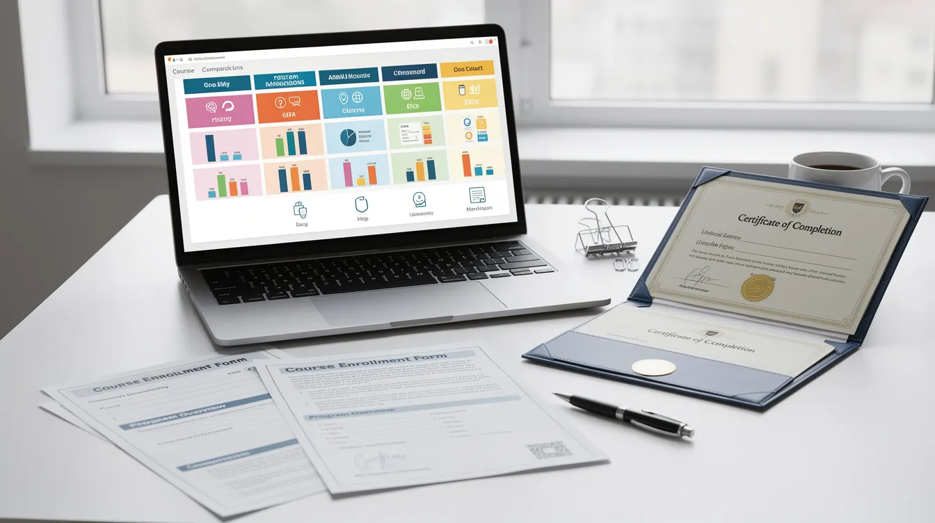 The image shows a laptop screen displaying a course comparison chart related to workplace safety, accompanied by enrollment documents and certification materials for safety officers. This setup highlights the educational qualifications and resources necessary for individuals pursuing a career in safety management and occupational health.