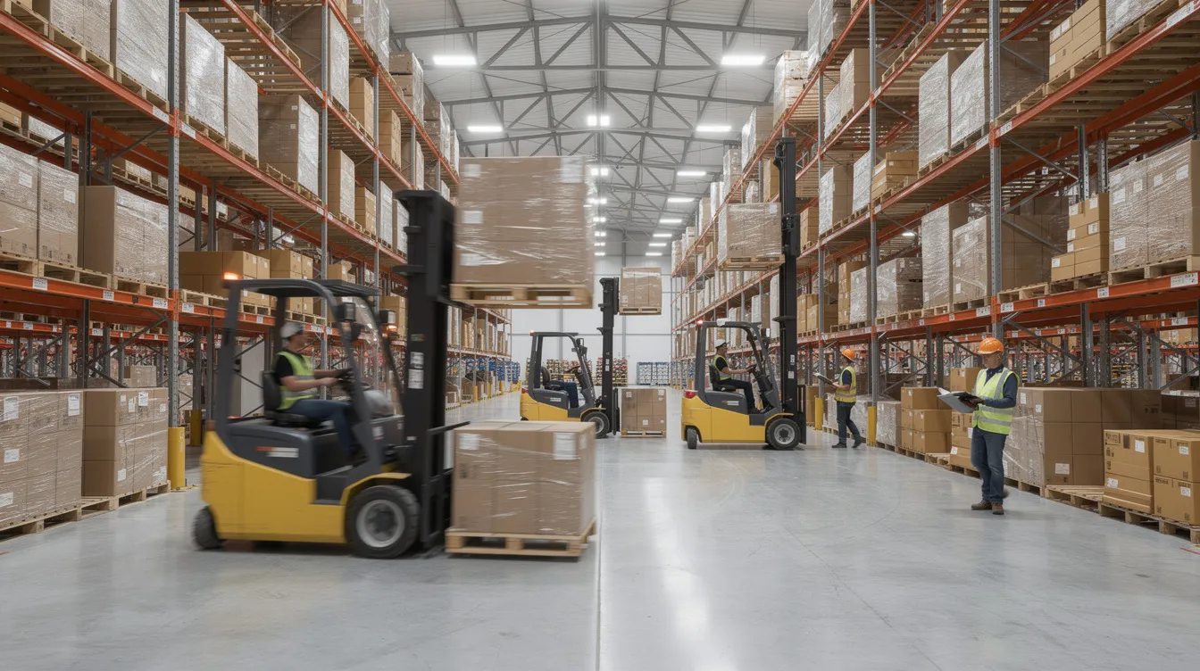 The image depicts a busy warehouse interior, where forklifts are actively moving pallets among tall storage racks, all illuminated by bright industrial lighting. This environment emphasizes the importance of workplace safety and health, highlighting the need for effective risk management and the implementation of safety measures to ensure a safe and healthy workplace.