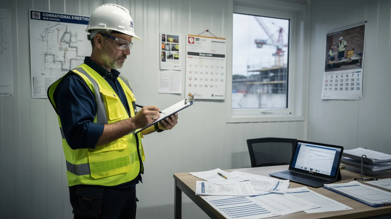 A safety inspector is reviewing essential documents inside a construction site office, equipped with a clipboard and a digital tablet, ensuring compliance with workplace safety regulations and assessing potential hazards during the construction phase. This critical role involves verifying risk assessments and maintaining documentation to prevent project delays and legal penalties.