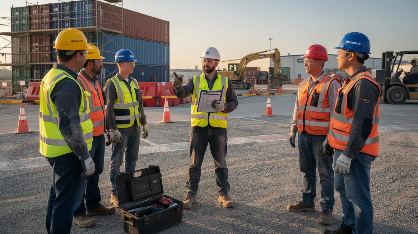 A safety manager is leading a toolbox talk with seven workers, all wearing hard hats and high-visibility vests, in an outdoor industrial setting. The focus is on workplace safety and health, addressing risks early to improve safety outcomes and reinforce compliance with safety standards.
