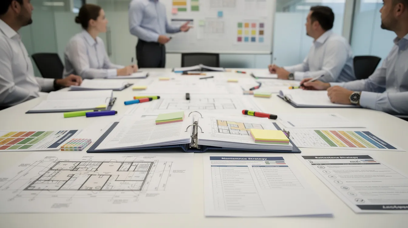 The image depicts a technical workspace during a design safety meeting, with safety documentation, building drawings, and maintenance strategy reports laid out on a review table. This setting highlights the crucial role of facilities managers and safety professionals in ensuring workplace safety and regulatory compliance throughout the project lifecycle of construction projects.