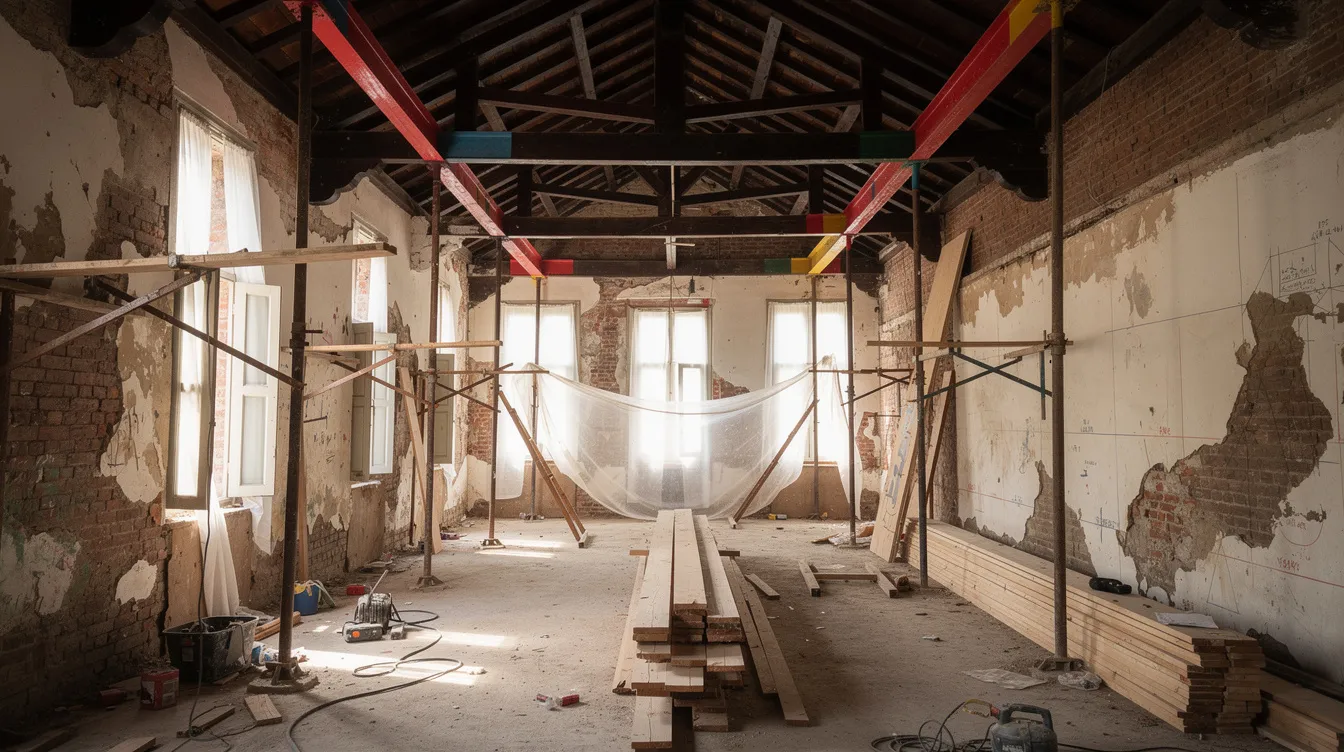 The image depicts the interior of a heritage shophouse undergoing renovation, showcasing exposed timber beams and temporary structural supports, highlighting the construction project’s focus on safety regulations and risk management. This scene reflects the significant challenges faced in the construction industry, particularly in maintaining the integrity of historical structures while ensuring compliance with design for safety (DFS) standards.