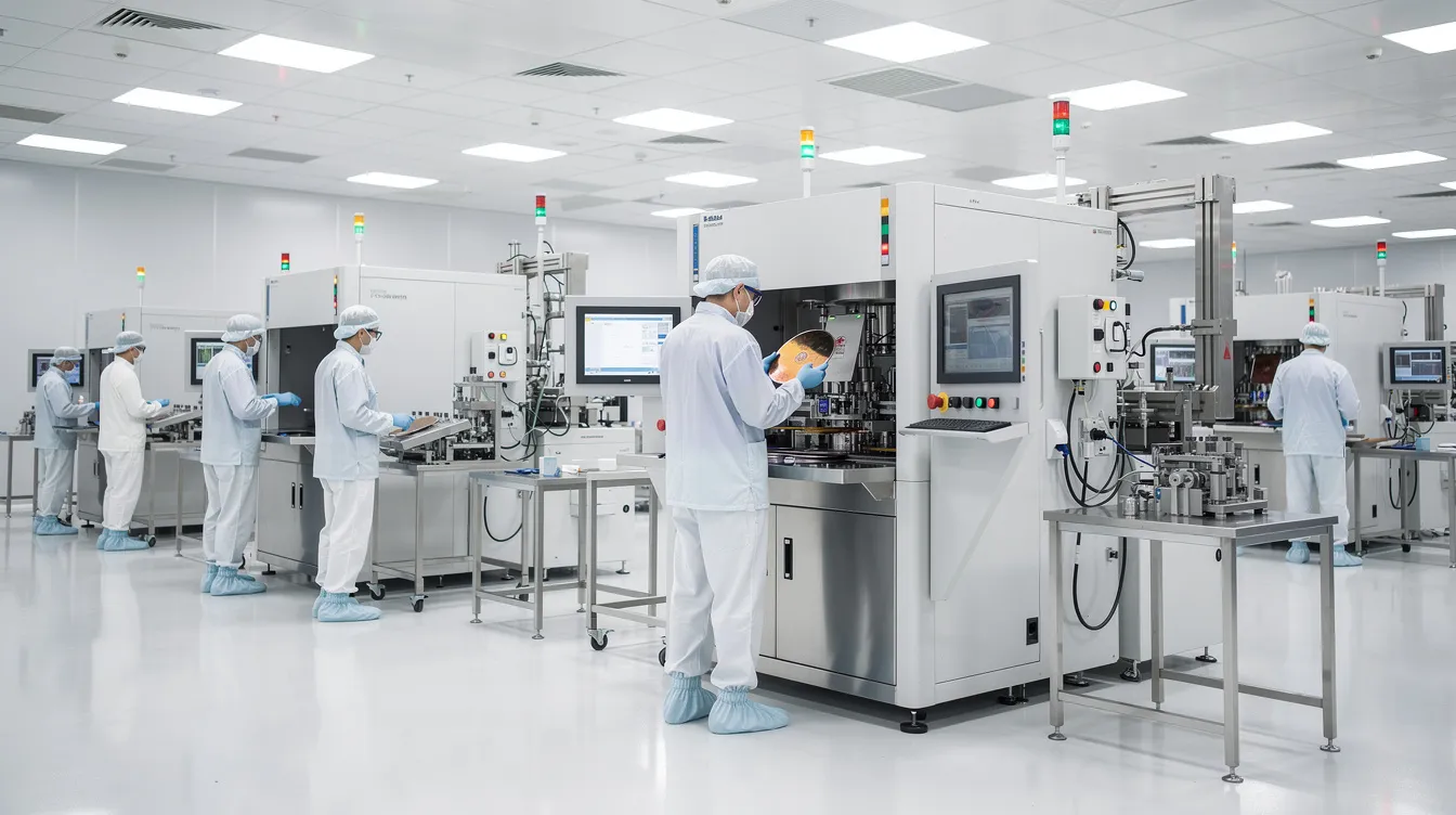 The image depicts a clean room environment where gowned workers are diligently operating precision semiconductor equipment, emphasizing the importance of workplace safety and health. This setting reflects a commitment to achieving bizsafe star certification through rigorous risk management and adherence to safety standards.