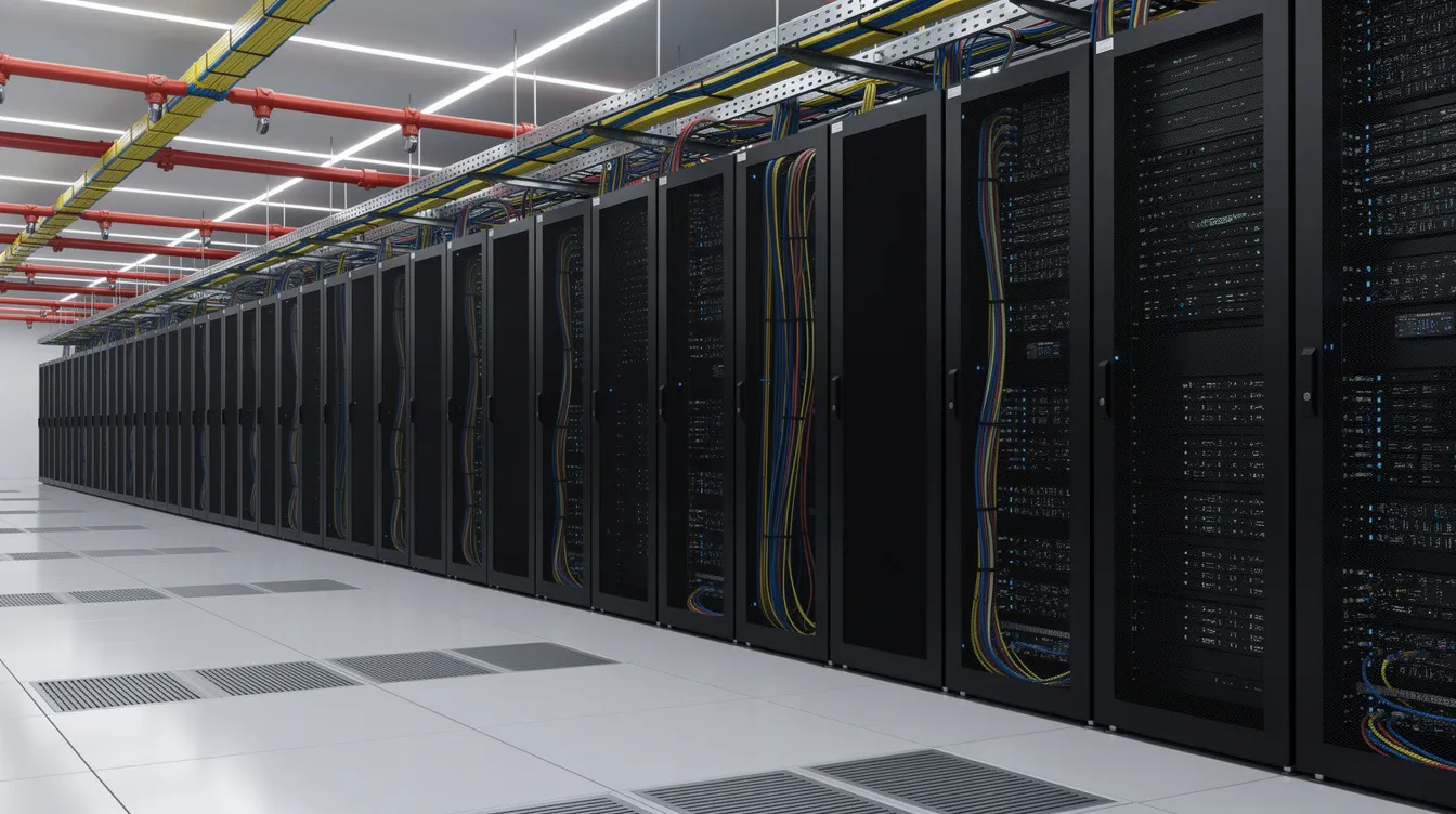 The image depicts a data center server room featuring organized cable management systems and overhead fire suppression piping, essential for maintaining a secure infrastructure and ensuring workplace safety. This setup is critical for cloud service providers to mitigate risks and enhance operational reliability in line with forthcoming digital infrastructure regulations.