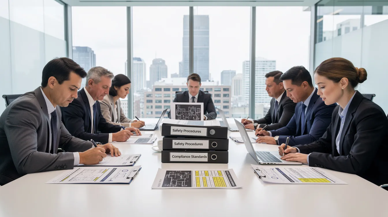 A team of professionals, including management consultants and risk management champions, is gathered around a modern conference table, reviewing safety documentation as part of their risk management implementation plan. They are discussing the company's bizsafe status and strategies to ensure a safer and healthier workplace in compliance with risk management regulations.