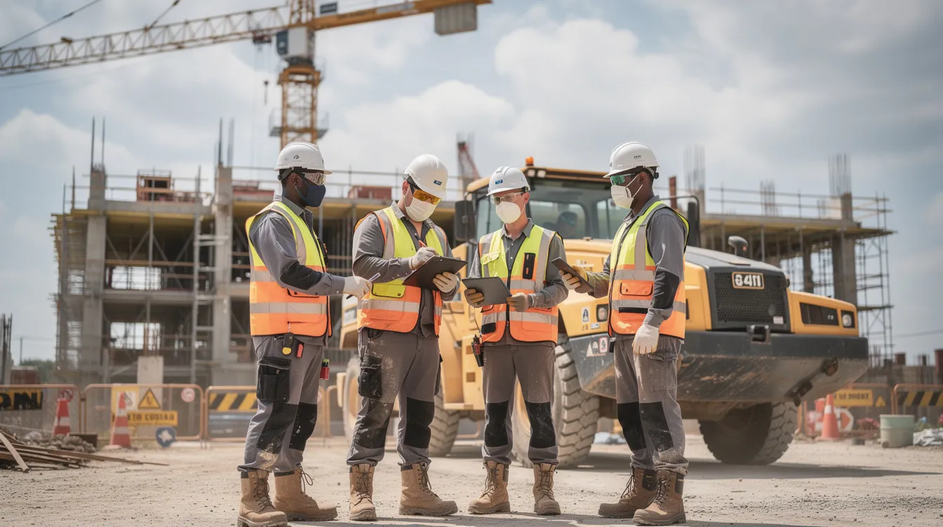 A group of construction workers in full personal protective equipment (PPE) is conducting an equipment inspection at a building project site, emphasizing the importance of workplace safety and compliance with risk management regulations. This scene highlights the commitment to implementing a comprehensive framework for safety management, crucial for achieving bizsafe level 3 certification in Singapore's construction industry.