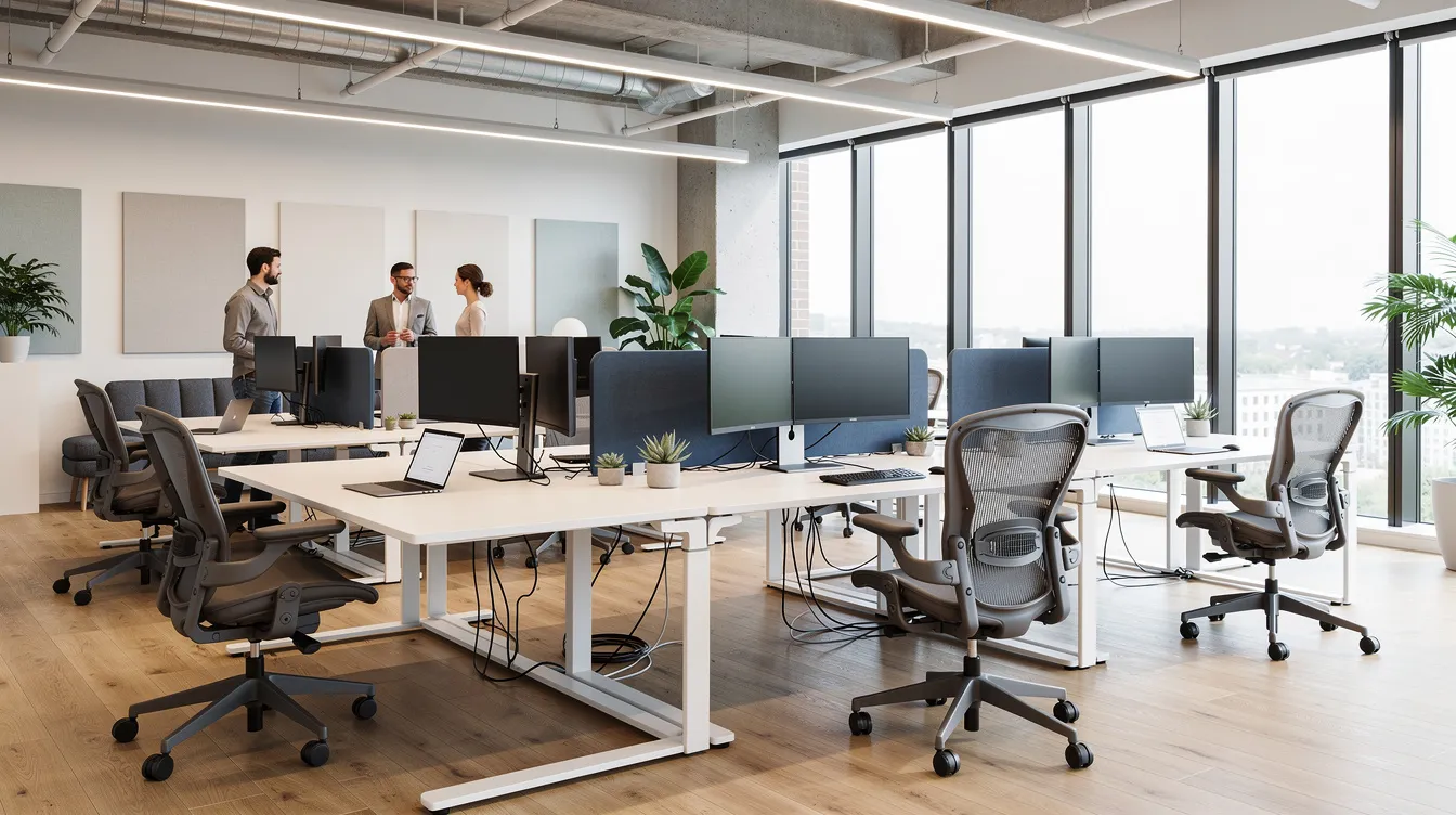 The image depicts a modern open-plan office workspace featuring ergonomic chairs and standing desks, illuminated by natural light, creating a bright and inviting environment typical of a tech company. This setup promotes a safe and healthy workplace, aligning with risk management regulations and enhancing the overall productivity of professional services firms.