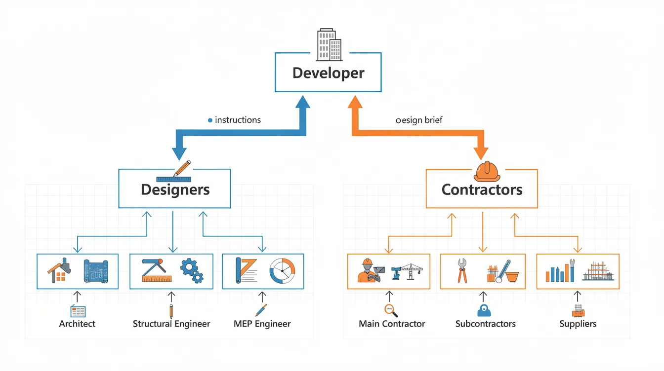 The diagram illustrates the flow of responsibility from developers to designers and contractors within a construction project, highlighting the importance of communication and professional judgment in ensuring compliance with Singapore law and the best interests of clients. It emphasizes the roles of each team member in managing risks and maintaining safety and health standards throughout the project.