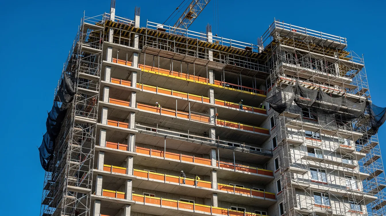 The image depicts a high-rise residential building under construction, featuring safety barriers and scaffolding, set against a clear blue sky. This construction site may eventually house private condominiums, which often offer amenities like swimming pools and tennis courts, appealing to potential buyers looking for modern living options.