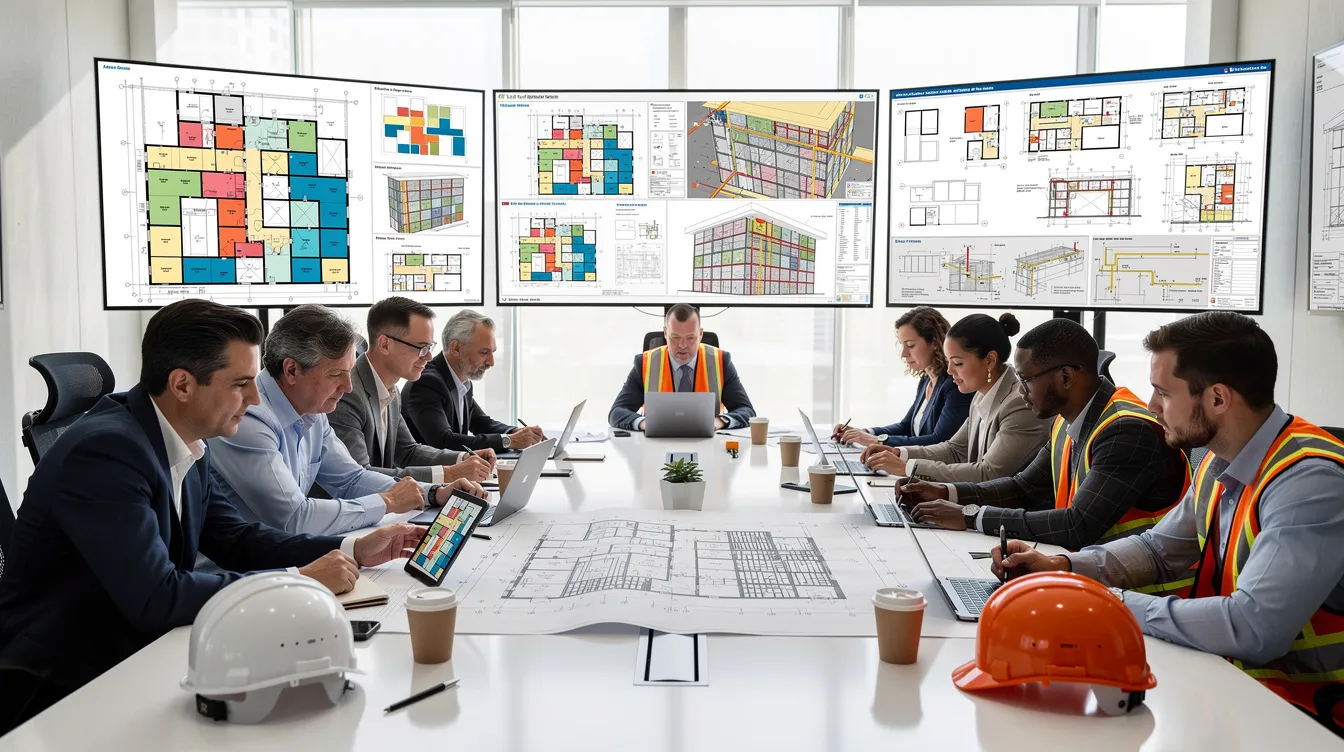 In a collaborative workshop, architects and professional engineers engage in reviewing building safety plans, utilizing digital displays to compare design options. The session focuses on applying technical knowledge and skills to develop effective solutions for project management and architectural success.