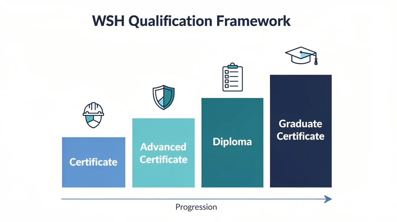The infographic illustrates the four ascending levels of the Workplace Safety and Health (WSH) qualification framework, ranging from Certificate to Graduate Certificate, emphasizing the importance of educational qualifications for safety officers in ensuring compliance with workplace safety standards. Each level represents a step in enhancing skills and knowledge in occupational safety and environmental health.