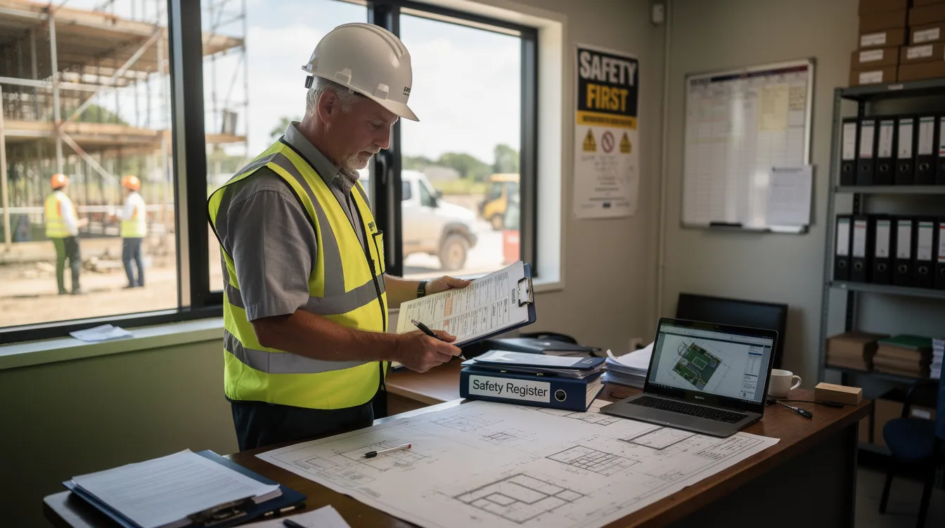 An inspector is seated at a construction site office, intently reviewing a safety register design, ensuring compliance with Singapore law and exercising professional judgment. The workspace is organized with design documents and tools, reflecting the importance of safety and risk management in construction projects.
