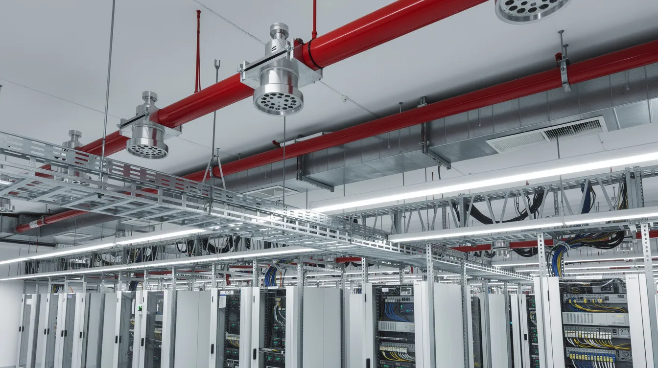 The image shows modern fire suppression system components installed along the ceiling of a data center, featuring clean agent nozzles that are designed to protect critical infrastructure from hazards. This installation reflects the importance of workplace safety and risk management in maintaining secure operations for cloud service providers and financial institutions.