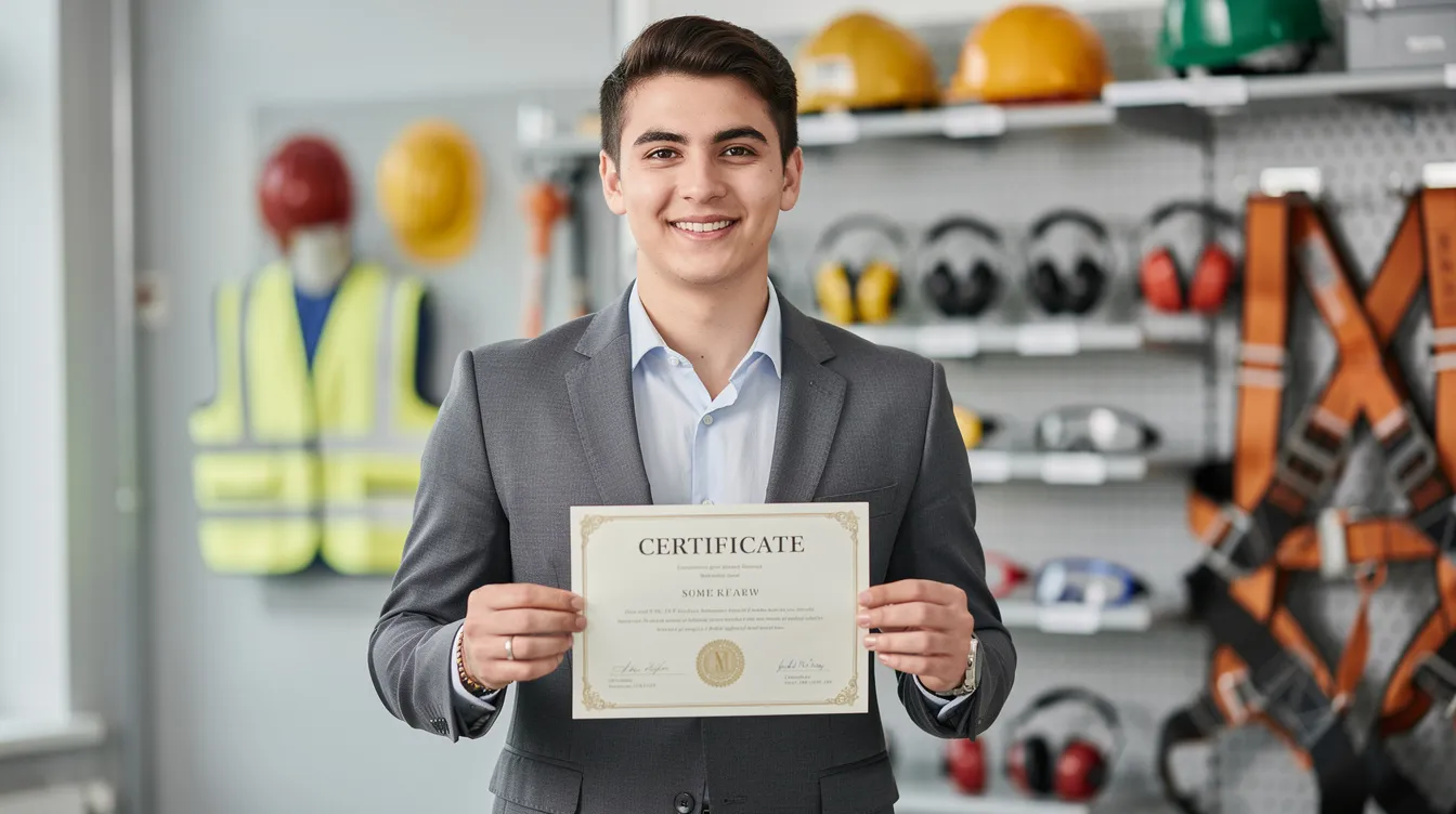 A graduate in professional attire proudly holds a certification document related to workplace safety, while safety equipment is visible in the background, emphasizing the importance of safety management and compliance in various industries. The image reflects the graduate's achievement in becoming a registered safety officer, highlighting their commitment to occupational health and safety standards.