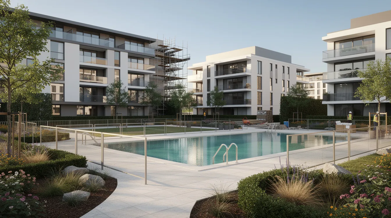 The image depicts a modern private condominium nearing completion, featuring a swimming pool and beautifully landscaped gardens, all enclosed by safety barriers. This setting highlights the appeal of private condos, showcasing their amenities and the secure environment they offer during the final stages of construction.