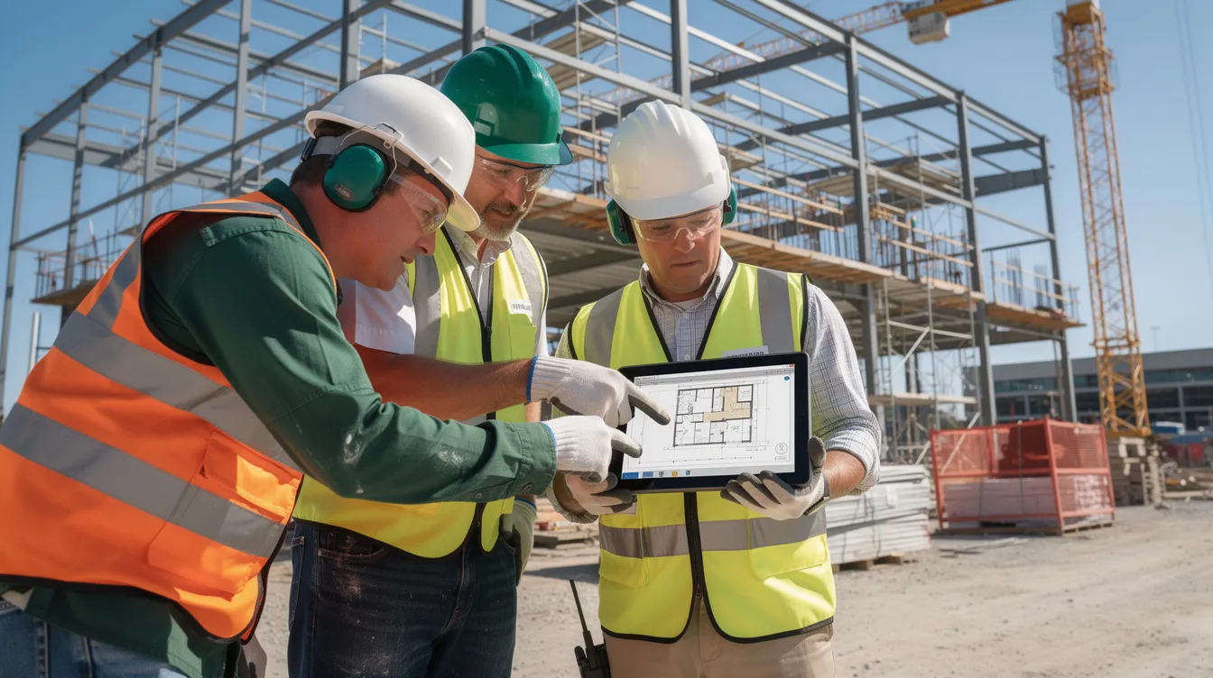 The image depicts a construction site where workers are intently reviewing digital plans on a tablet, with a building frame under construction in the background. This scene highlights the importance of integrating technology during the design phase to improve outcomes in construction projects.