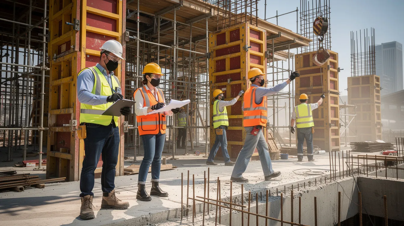 The image depicts workers in personal protective equipment actively engaged at a construction site, where scaffolding and formwork are prominently visible. This scene emphasizes the importance of workplace safety and compliance with regulations during the construction phase, highlighting the critical role of the project team in managing potential hazards and ensuring the safety of all employees on site.