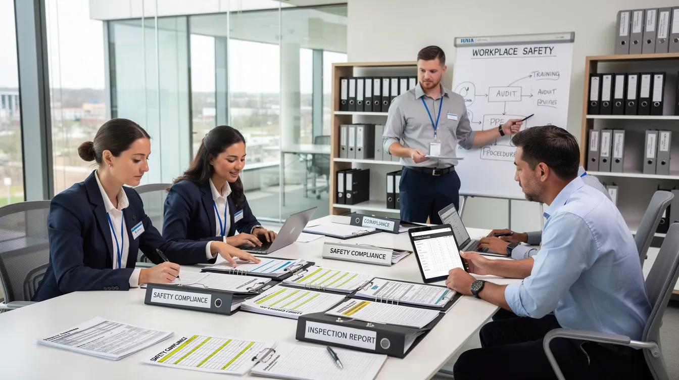 A diverse team of professionals collaborates in a modern office, reviewing and creating safety compliance documents to ensure adherence to regulations and manage risks effectively. They exercise professional judgment while communicating and developing systems that prioritize the health and best interests of their clients and projects.