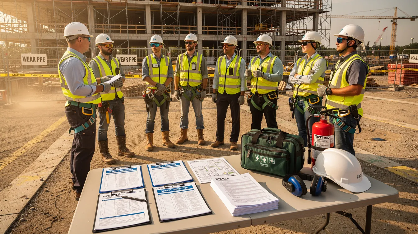 A group of construction workers is gathered at a building site, engaged in a safety briefing while surrounded by safety equipment and essential documentation. The scene emphasizes workplace safety and health management, highlighting the importance of conducting risk assessments and adhering to safety compliance regulations.