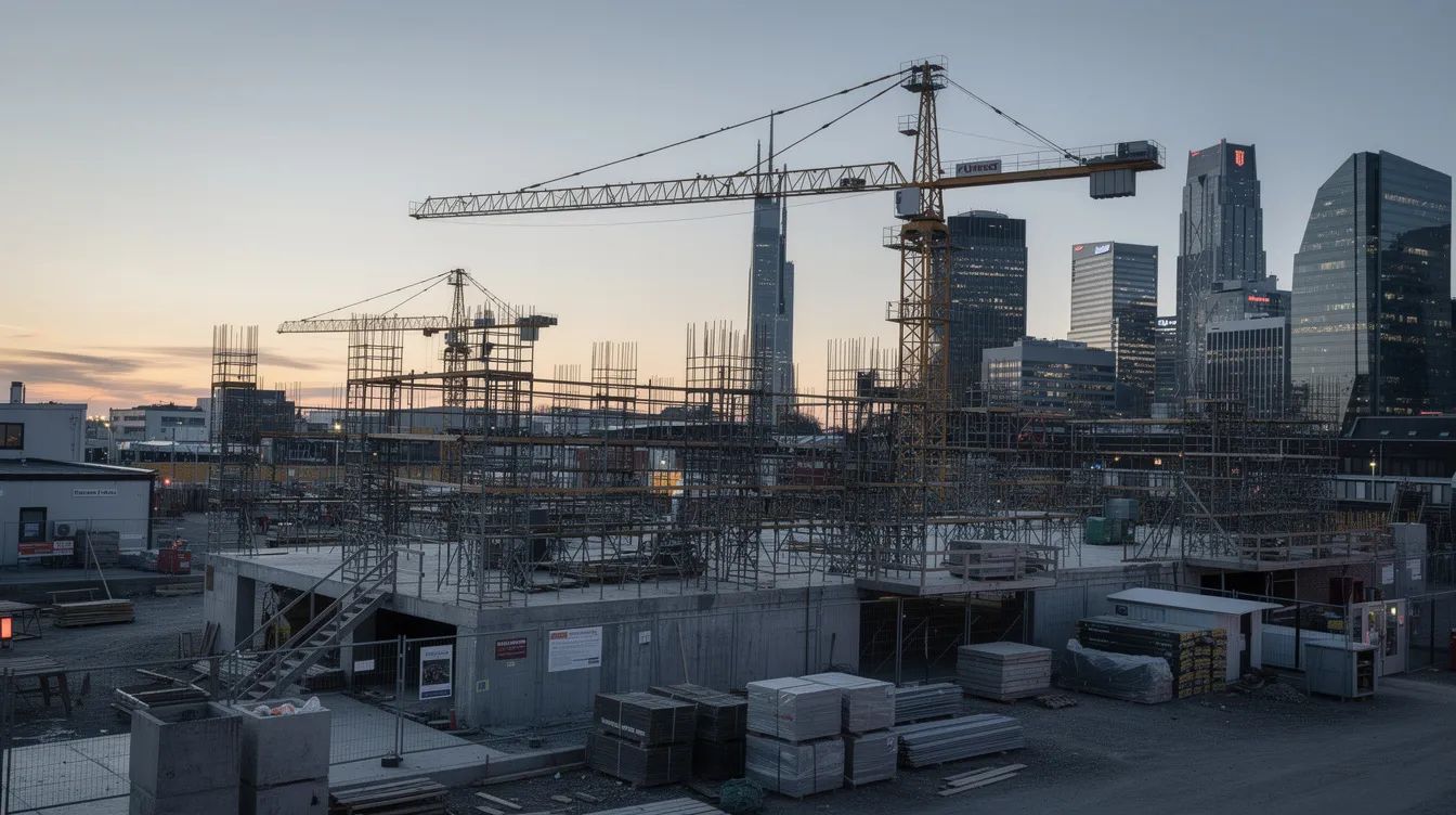 The image depicts an empty construction site featuring idle cranes and scaffolding, set against a backdrop of an urban skyline. This scene highlights the importance of maintaining bizsafe certification and adhering to safety and health standards to ensure a safe and healthy environment for construction workers.