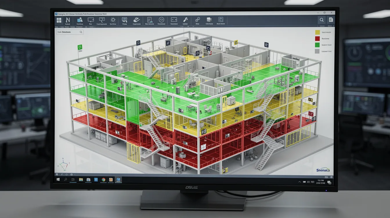 A digital 3D building model is displayed on a large monitor, highlighting color-coded safety zones that emphasize construction safety within the design phase of construction projects. This visualization aids the design team in identifying potential risks and improving outcomes by integrating safety measures into the construction documentation phase.