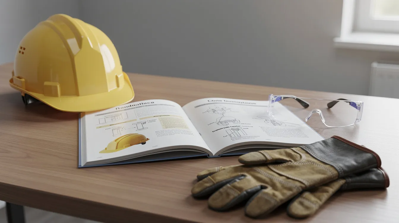 An open training manual sits on a desk next to essential safety equipment, including a hard hat, protective gloves, and safety glasses, emphasizing the importance of workplace safety and compliance with safety regulations for safety officers. This setup highlights the vital role of safety management in ensuring a safe working environment.