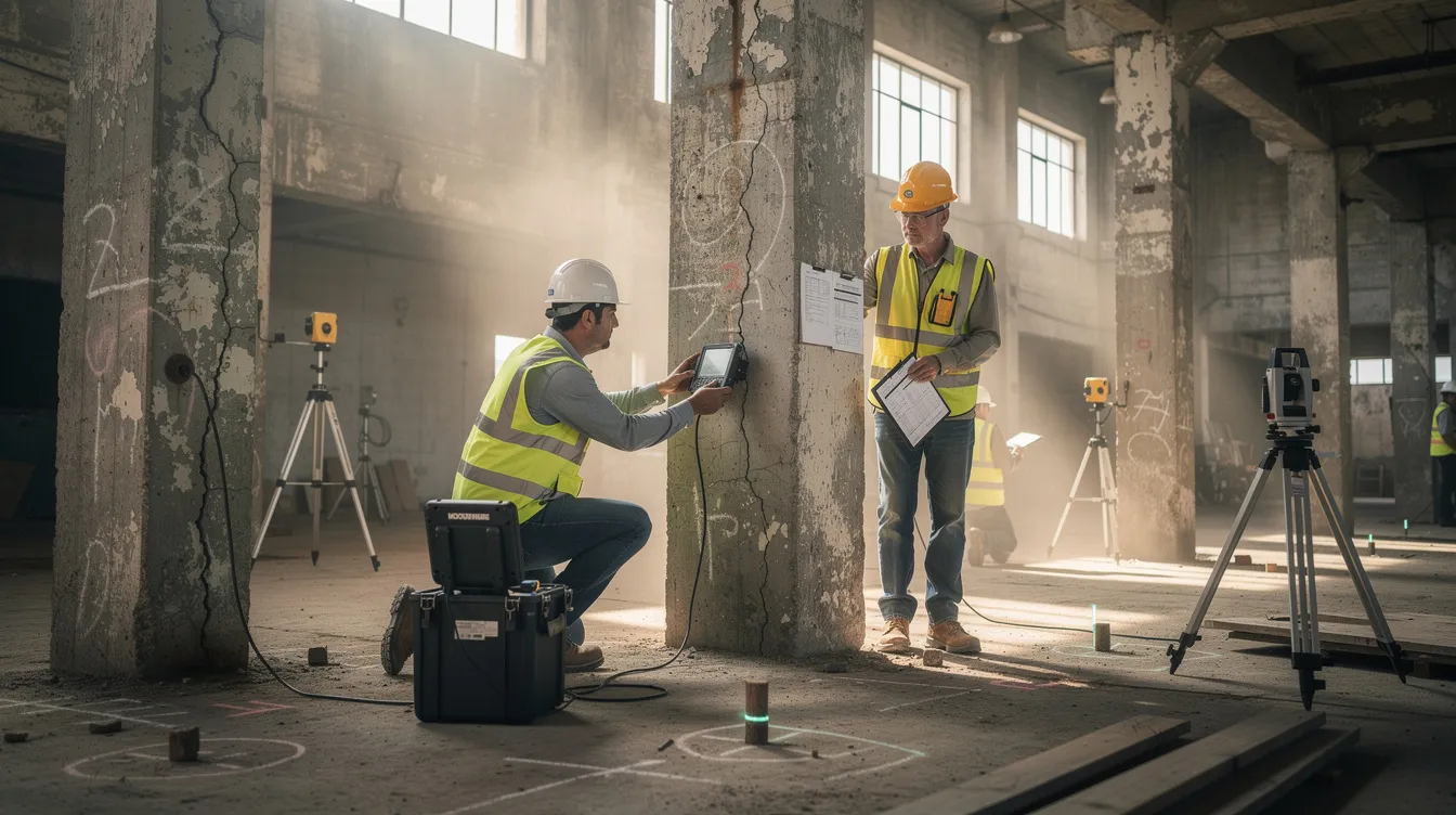 The image shows workers conducting a structural assessment inside an older concrete building, utilizing testing equipment to evaluate safety and compliance with construction safety regulations. This assessment is crucial for identifying potential hazards and mitigating risks in the construction industry, ensuring the health and safety of all stakeholders involved in the project.