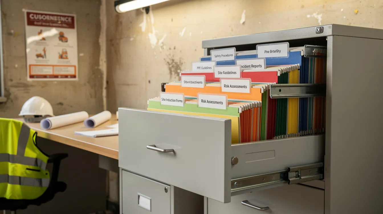 The image shows an organized filing cabinet in a site office, filled with labeled folders containing essential construction safety documents such as risk assessments and compliance reports. This setup supports workplace safety by ensuring that the project team, including site supervisors and contractors, have easy access to critical information for managing potential hazards during the construction phase.