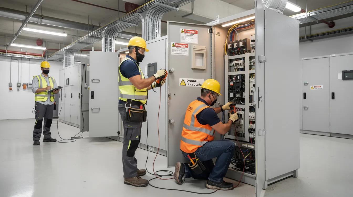 The image depicts workers in safety gear conducting electrical maintenance inside a commercial building, emphasizing workplace safety and health practices. Their efforts reflect the importance of facilities management and ongoing compliance with industry standards to ensure operational efficiency and reduce risks.