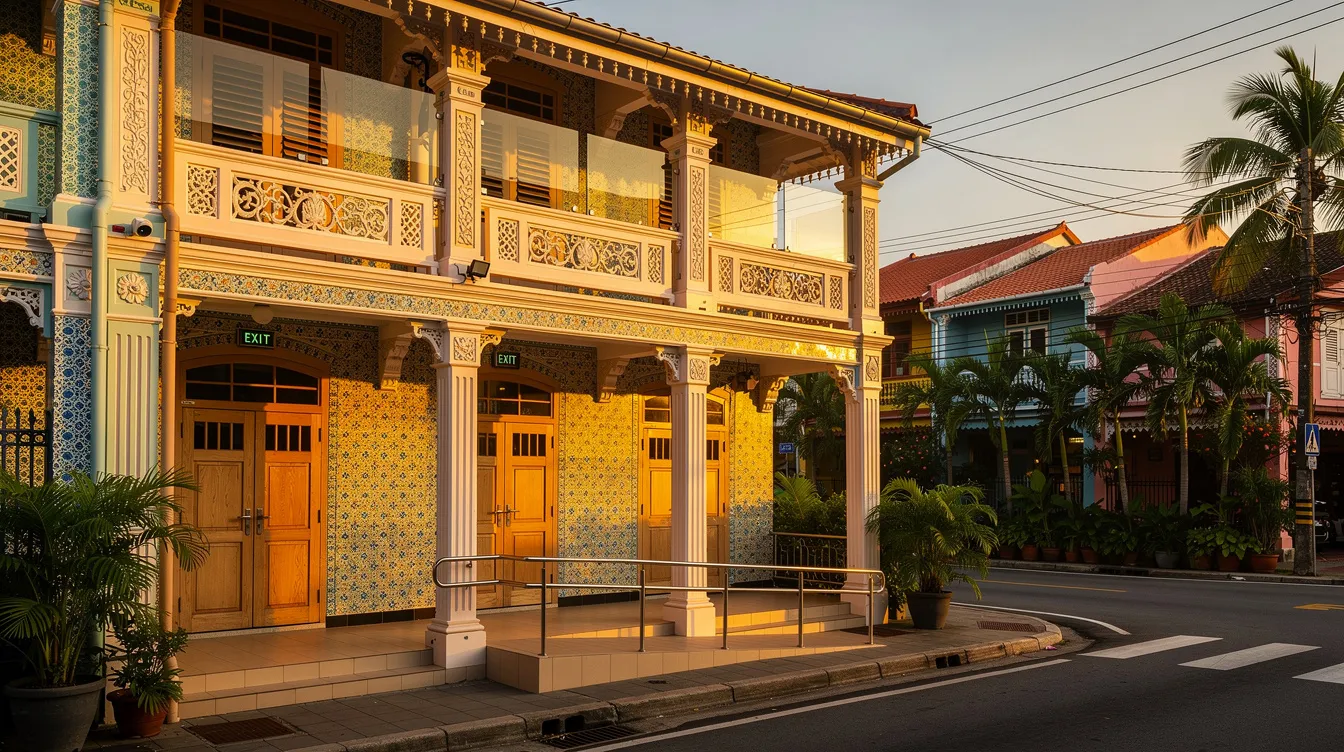 The image shows a beautifully restored heritage shophouse, blending traditional architectural elements with modern safety features in a vibrant tropical urban streetscape. This integration highlights the importance of design for safety (DFS) in the construction industry, ensuring both aesthetic appeal and compliance with safety regulations.