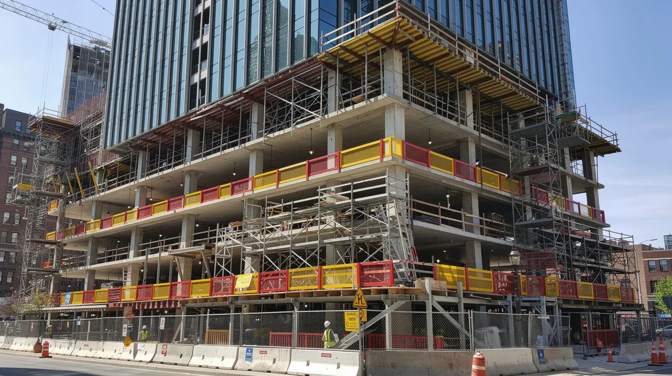 The image depicts a modern high-rise building under construction, surrounded by safety barriers and scaffolding systems, emphasizing construction safety and the complexities of the construction industry. This scene highlights the design phase of construction projects, showcasing the efforts of the construction company and design team to ensure structural performance and compliance with safety guidelines.