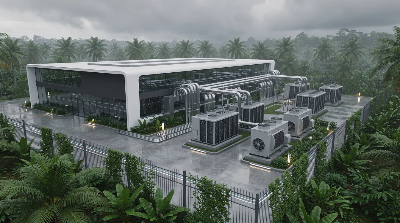 The image depicts a tropical data center facility, surrounded by vibrant greenery and equipped with modern cooling systems, all under overcast skies. This setting highlights the importance of secure infrastructure and risk management practices necessary for the operations of cloud service providers and financial institutions in Singapore.