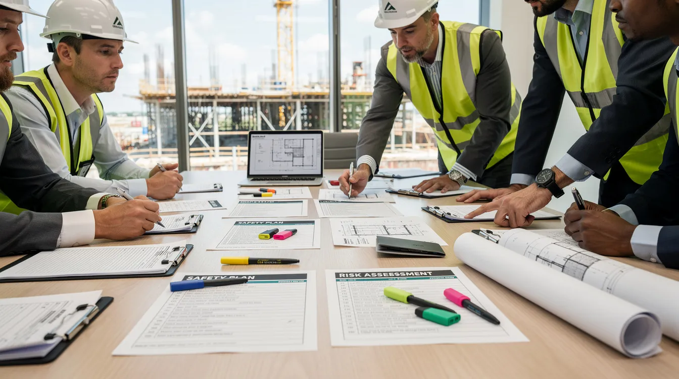 The image depicts a construction project planning meeting where a diverse team of professionals is gathered around a large table covered with safety documents and project designs. They are engaged in discussions to exercise professional judgment and ensure compliance with safety regulations while developing infrastructure projects.