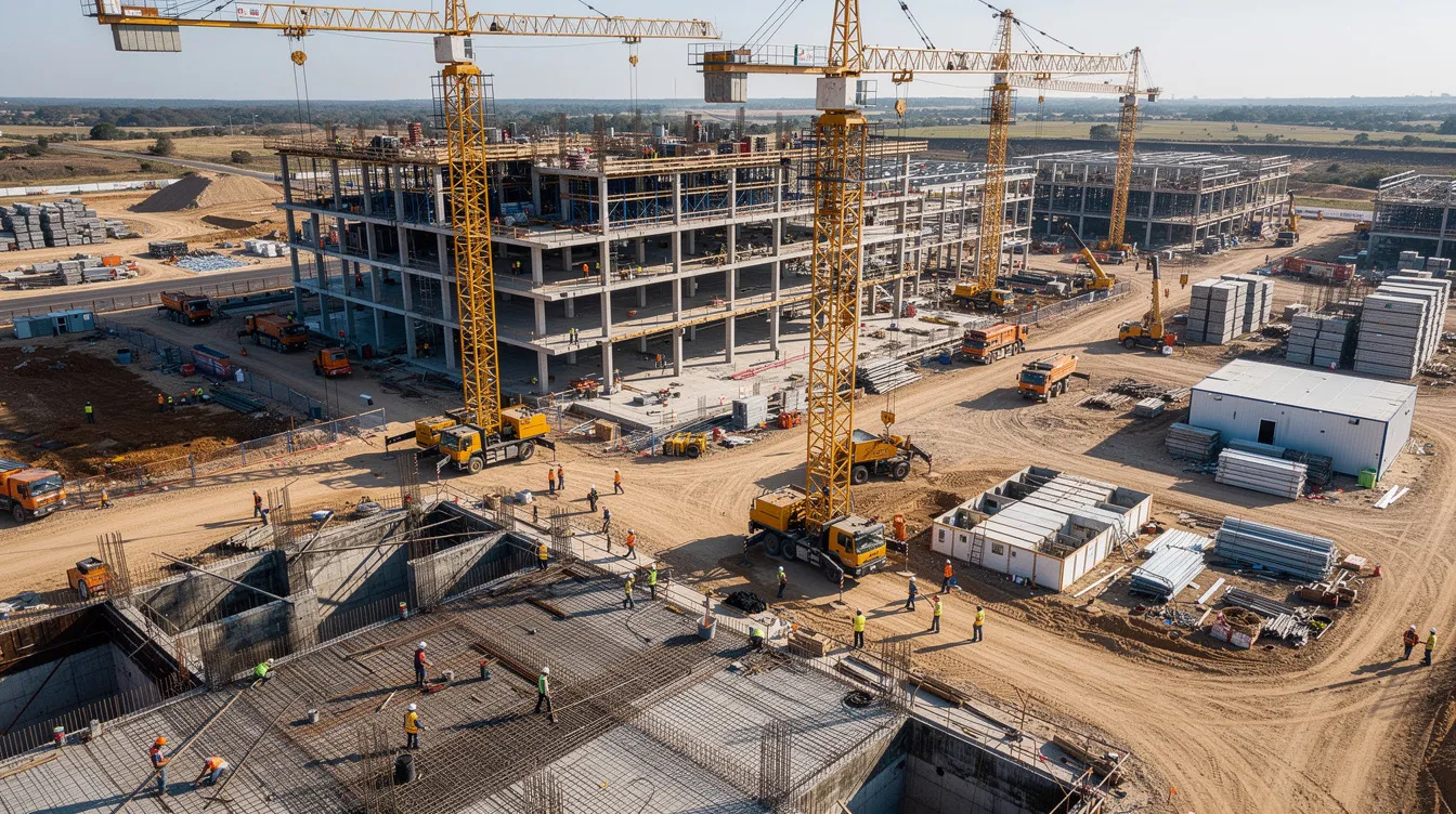 An aerial view captures a bustling construction site, featuring multiple cranes and teams of workers coordinating their efforts across different zones. This scene reflects the importance of workplace safety and health, highlighting the need for effective risk management implementation plans as part of achieving bizsafe certification for companies in Singapore.